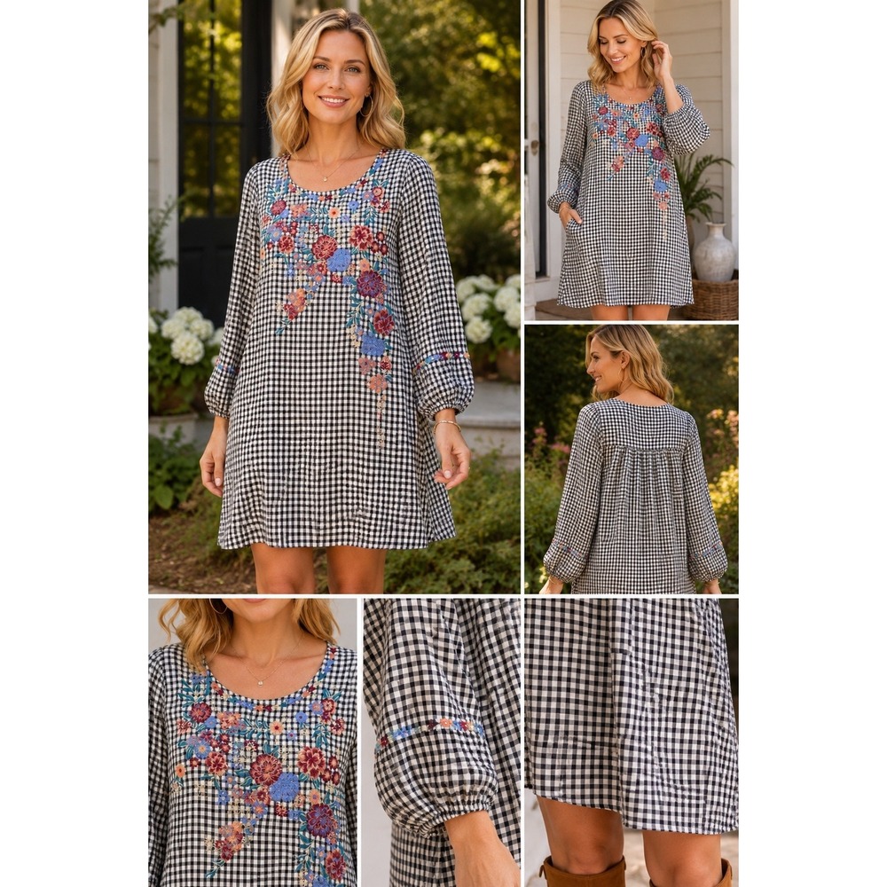 Savanna Jane Floral Embroidered Gingham Shift Dress Large Boho Cottagecore Lined
